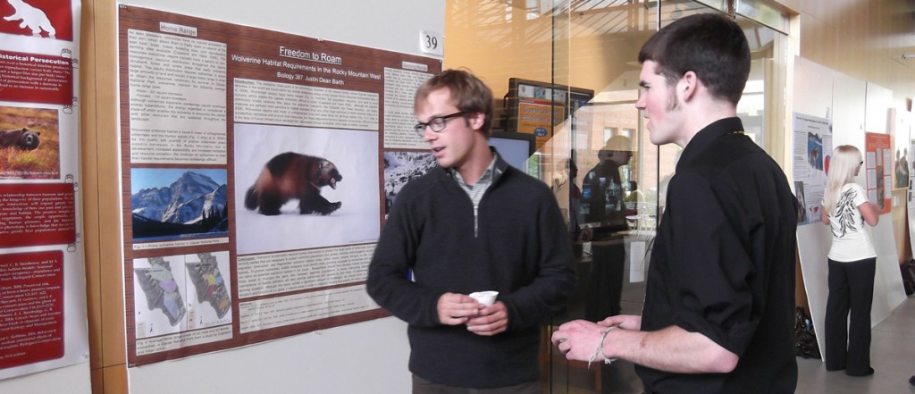 Two students discussing research poster