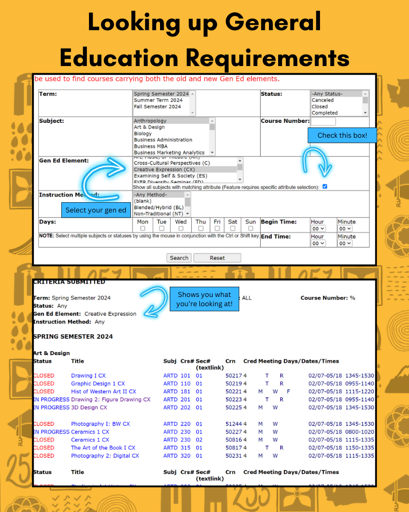 A guide on how to look up general education requirements, featuring a screenshot of a course search page. Highlights include text boxes labeled Select your gen ed, Check this box!, and Shows you what you’re looking at! on a bright background.