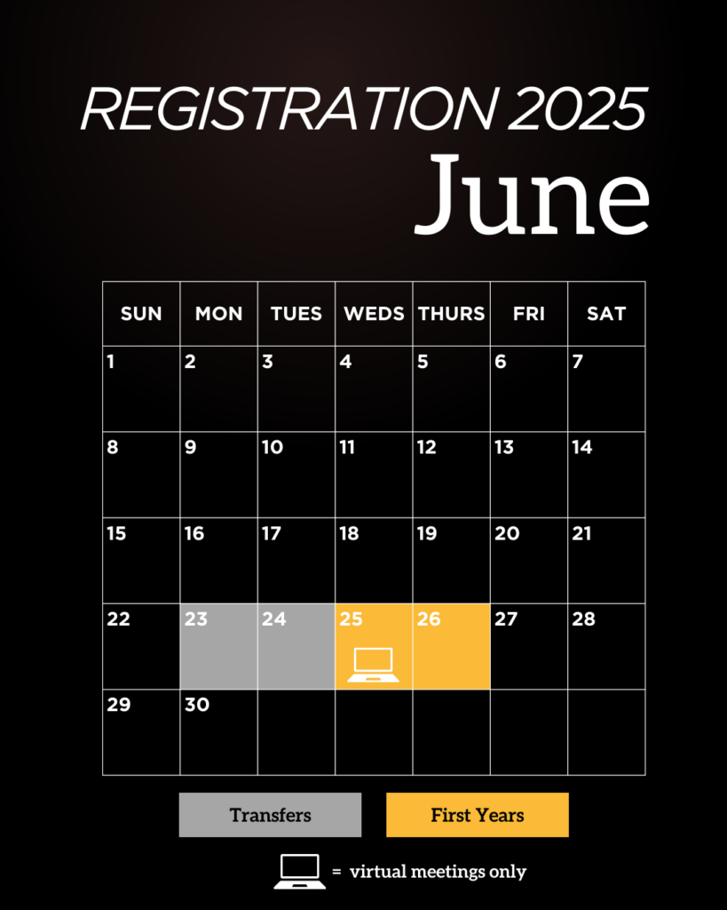 A June 2025 calendar highlighting key dates. June 23-24 is marked for transfers, and June 25-26 is for first years. A computer icon on the 25th denotes virtual meetings.