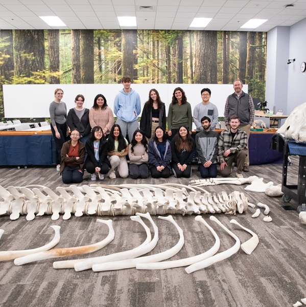 Students in front of a whale skeleton