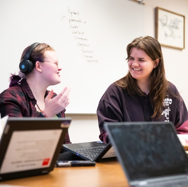 Two student chatting in front of their laptops