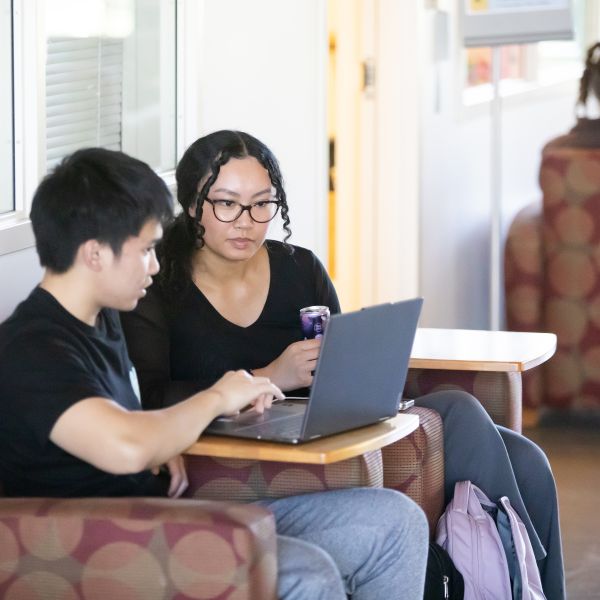 Students studying together in Morken 2nd floor viewing laptop