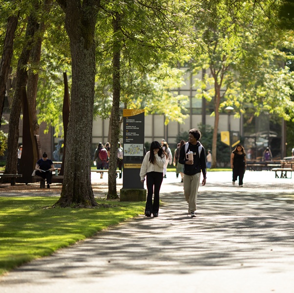 Students walking on campus on a sunny day