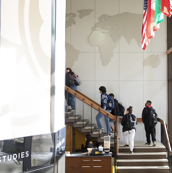 Students walking up the stairs