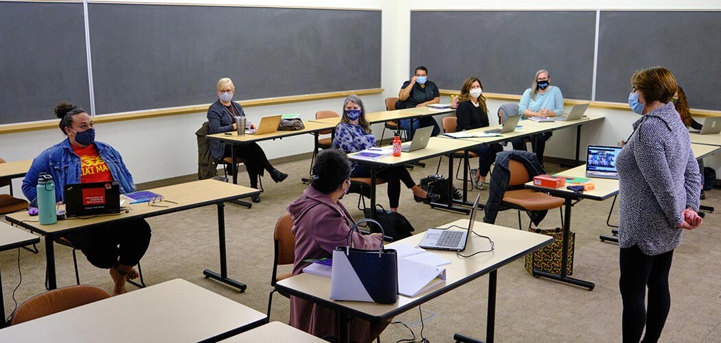 Principal Prep certification class held partially in person and partially online, Wednesday, Oct. 14, 2020, at PLU. (PLU Photo/John Froschauer)