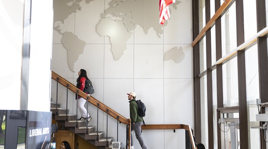 Students going up the stairs in Hauge Administration building