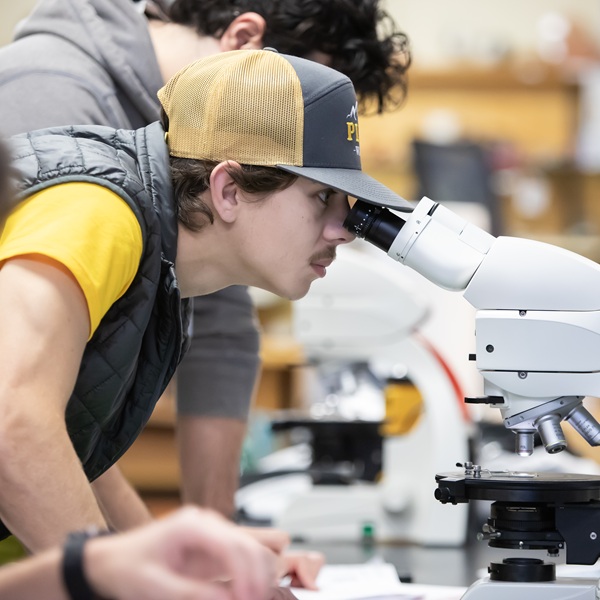 A student wearing a yellow t-shirt, black vest and black and yellow hat peers into a white microscope during an Earth Science lab class.