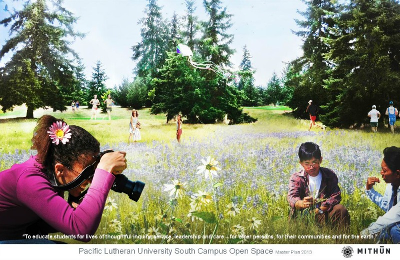 south campus open space plan - showing students jogging, walking, photographing on south campus open space