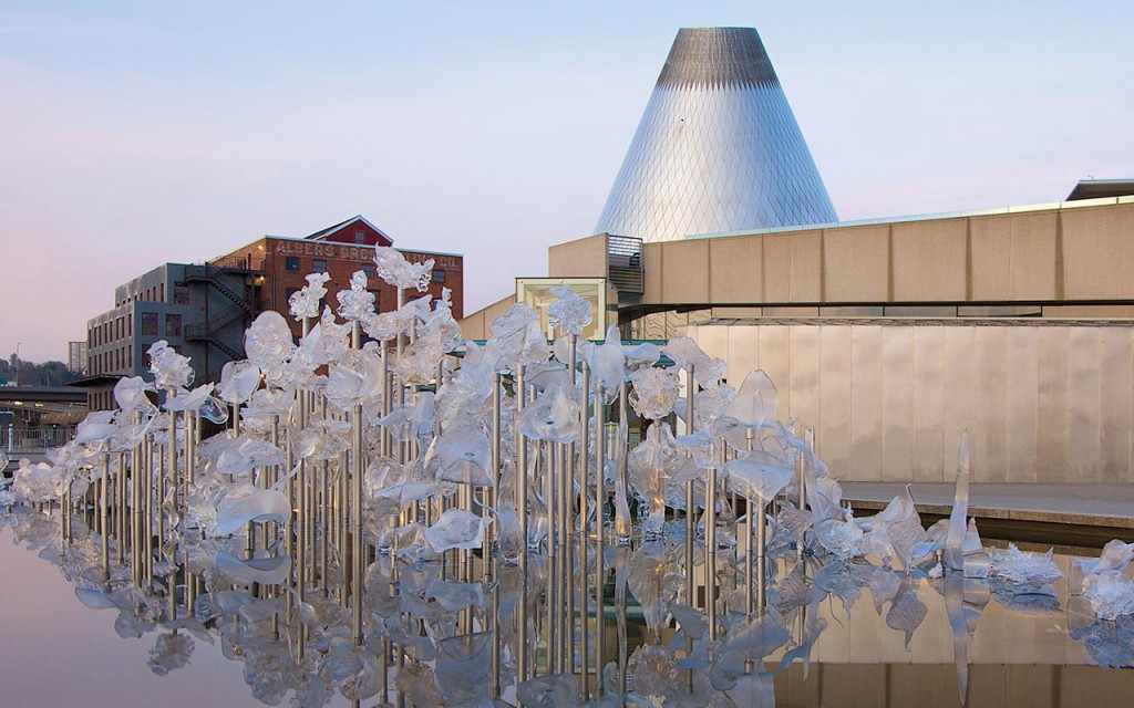 A fountain art installation looking toward the Museum of Glass in Tacoma, Wash.