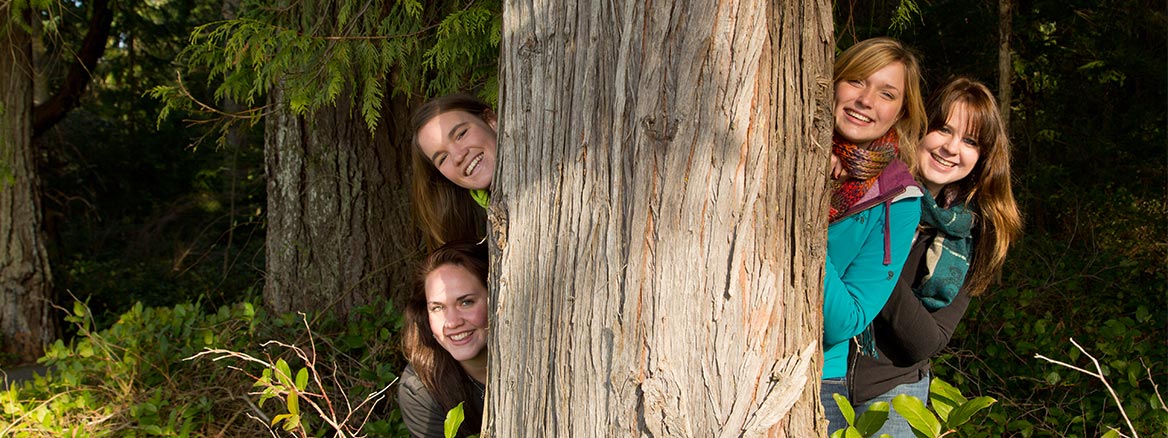 PLU students posing behind a tree at Point Defiance Park.