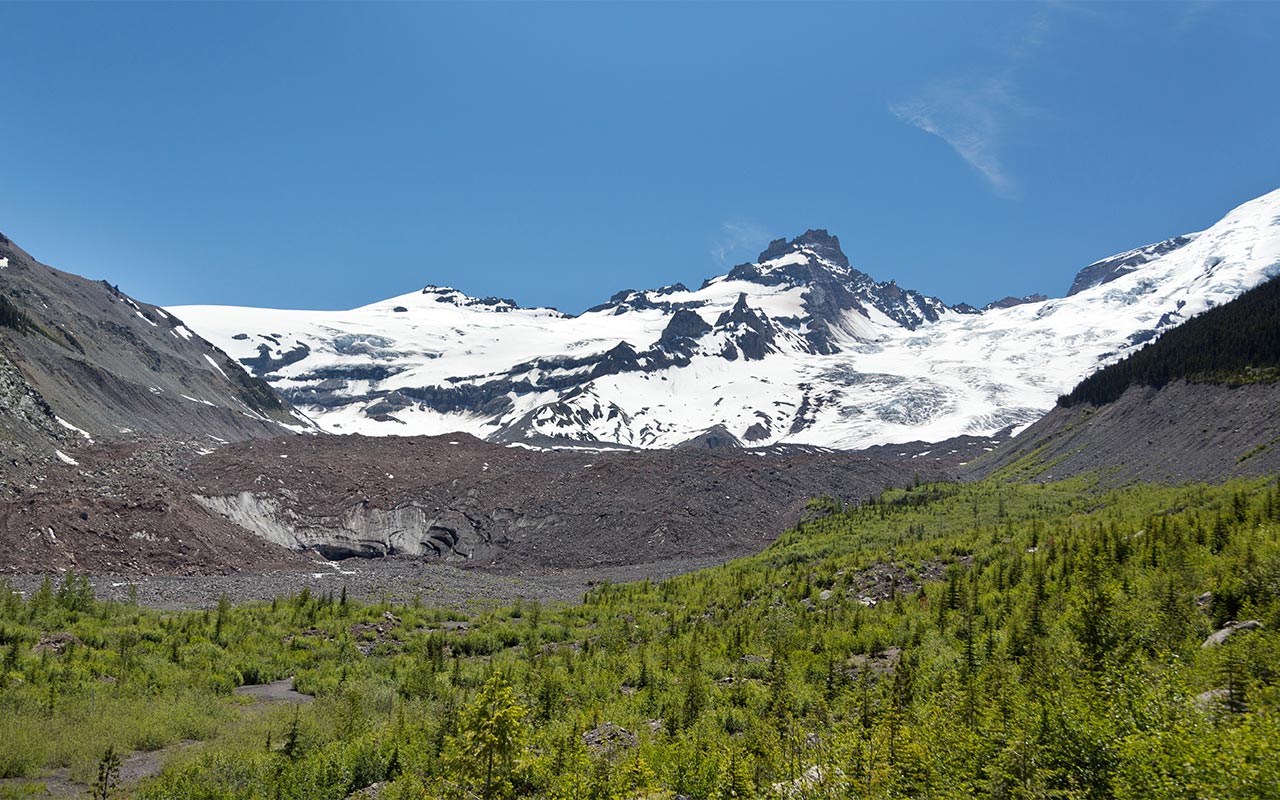 A view of Mount Rainier from the interior of the Cascades, during a hike by PLU students.