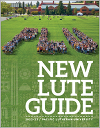 New Lute Guide Cover - a green background with a group of students forming the letters PLU, below in white letters it reads NEW LUTE GUIDE, 2022-23 / PACIFIC LUTHERAN UNIVERSITY