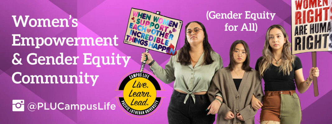 Header: Women's Empowerment & Gender Equity (Gender Equity for All) Image: Two signs: 