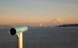 Point Ruston lookout over the Puget Sound and Mount Rainier at sunset.