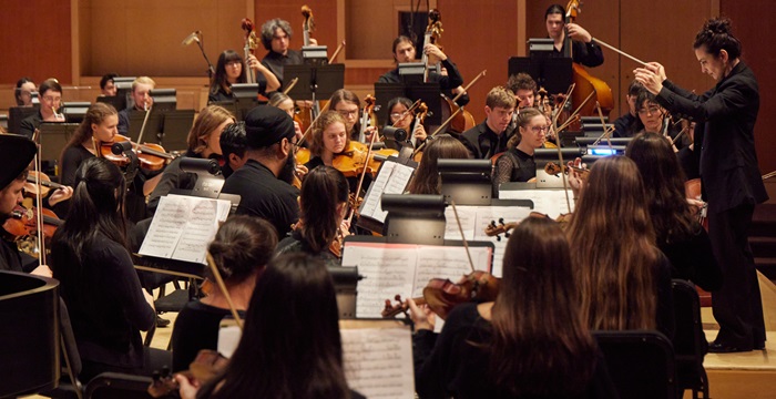 An orchestra rehearsal in PLU's Lagerquist Concert Hall