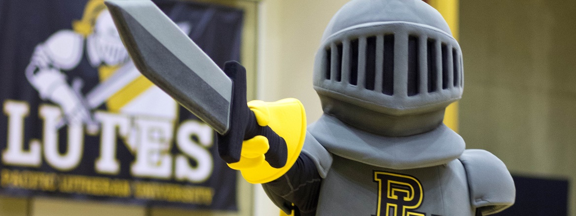 A mascot dressed as a knight in grey armor with a black and yellow sword strikes a pose. The background features a banner with LUTES partially visible.