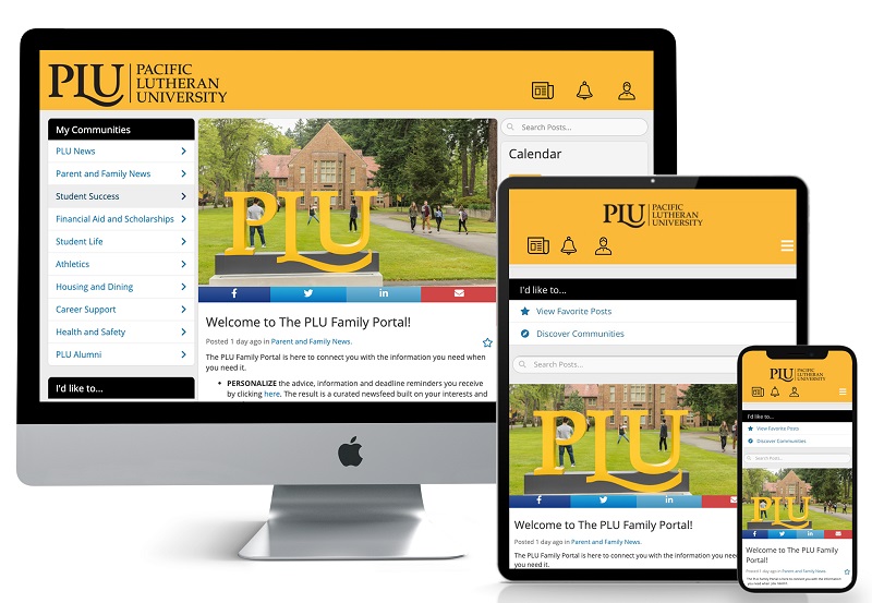 Campus ESP image Three separate devices showcase the PLU Family Portal homescreen - an Apple computer, a tablet and a smartphone