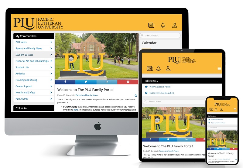 Three separate devices showcase the PLU Family Portal homescreen - an Apple computer, a tablet and a smartphone