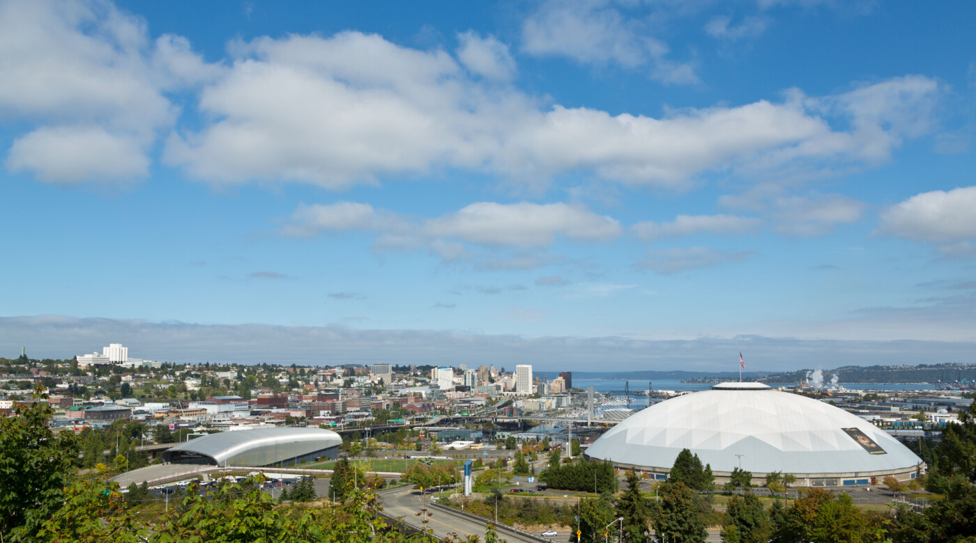 Overhead shot of downtown Tacoma with the Tacoma Dome in the foreground.