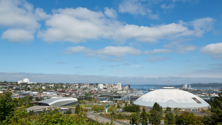 Overhead shot of downtown Tacoma with the Tacoma Dome in the foreground.
