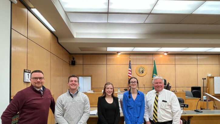 Image: (From left to right) Honorable Philip K. Sorensen, Connor Lemma ’22, Makaela Whalen ’23, Calissa Hagen ’24, Honorable Clarence Henderson, Jr. (photo courtesy of Judge Sorensen)