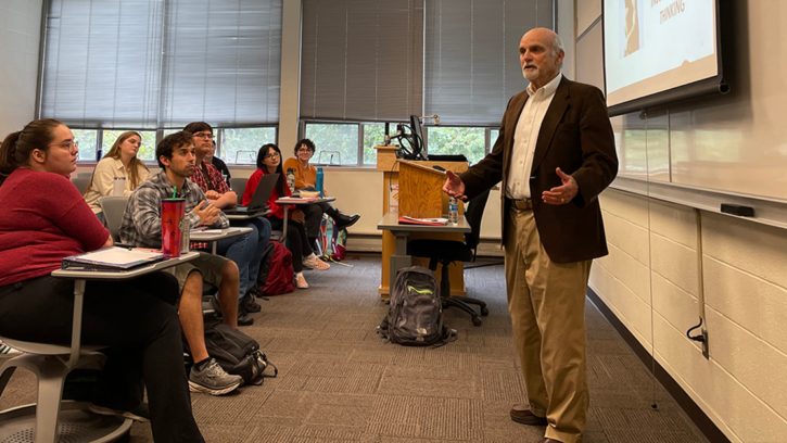 Holocaust survivor Peter Metzelaar speaks with PLU students in a course titled “Introduction to Holocaust & Genocide Studies.”