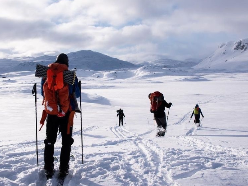 Students cross country ski across the snow in Norway. There are mountains in the background.