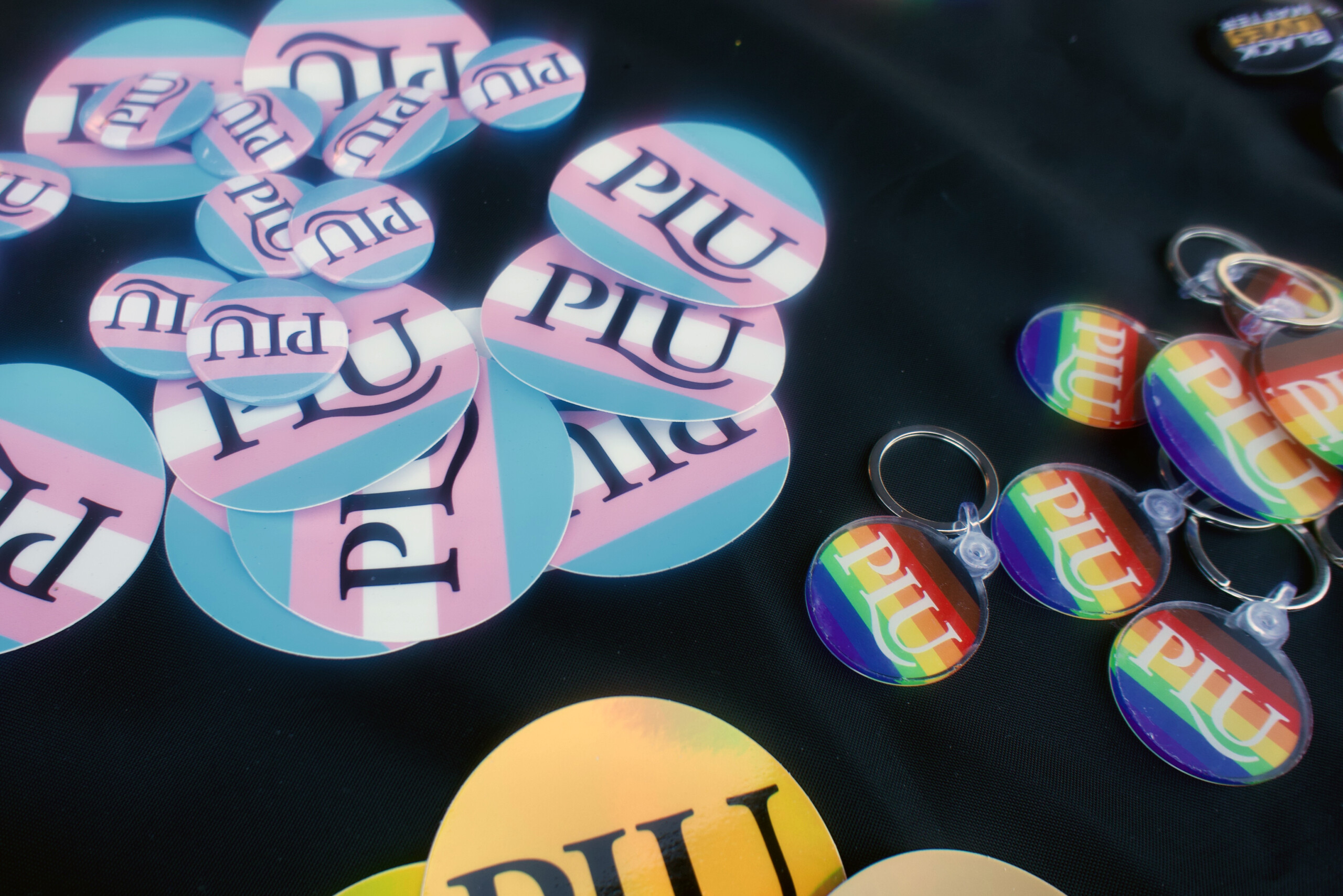 PLU pride buttons on a table at Tacoma Pride 2023.