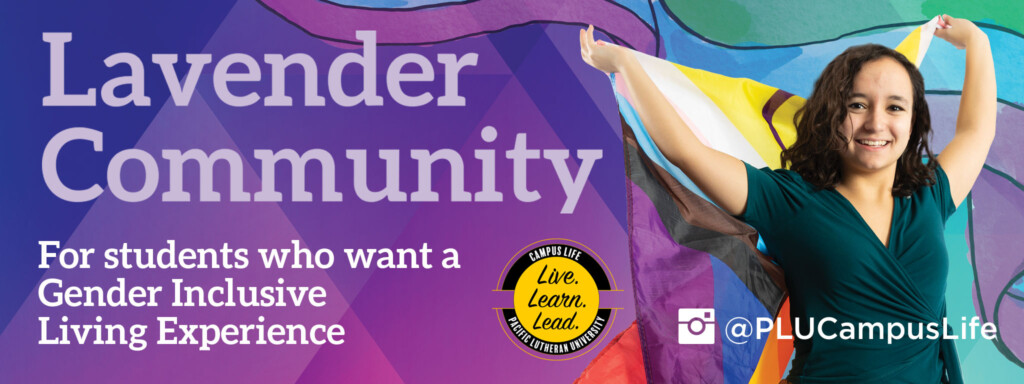 Lavender Community graphic. Student holding a flag in front of a purple background.