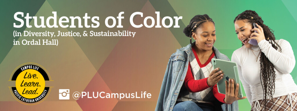 Students of Color community graphic. Two students are talking on the phone and looking at an document.