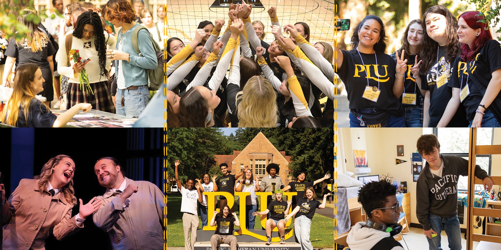 A collage of six photos from around campus: top left are students at a clubs fair, top middle is the volleyball team in a huddle on the court with arms raised, top right is a group of students wearing PLU shirts and posing for a selfie, bottom left are two students smiling at each other during a musical theatre performance, bottom middle is a group of students posing on the large PLU sign outside on campus, bottom right are two students interacting in the residence hall room.