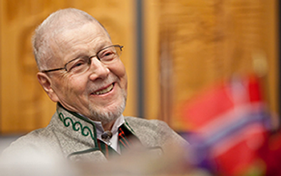 Audun Toven, associate professor of Norwegian, advanced Norwegian-American relations throughout the Northwest, encouraged countless PLU students to study away in Norway, played a leading role in hosting Norwegian guests at PLU and was presented with the Royal Norwegian Order of Merit by Norway's ambassador, His Excellency Knut Vollebaek.