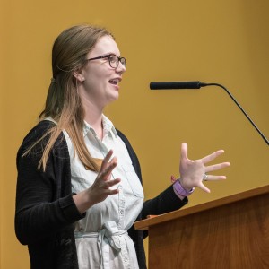 Lasting Legacy at PLU, April 10, 2019. (Photo: PLU/John Froschauer) Christa Slater speaking