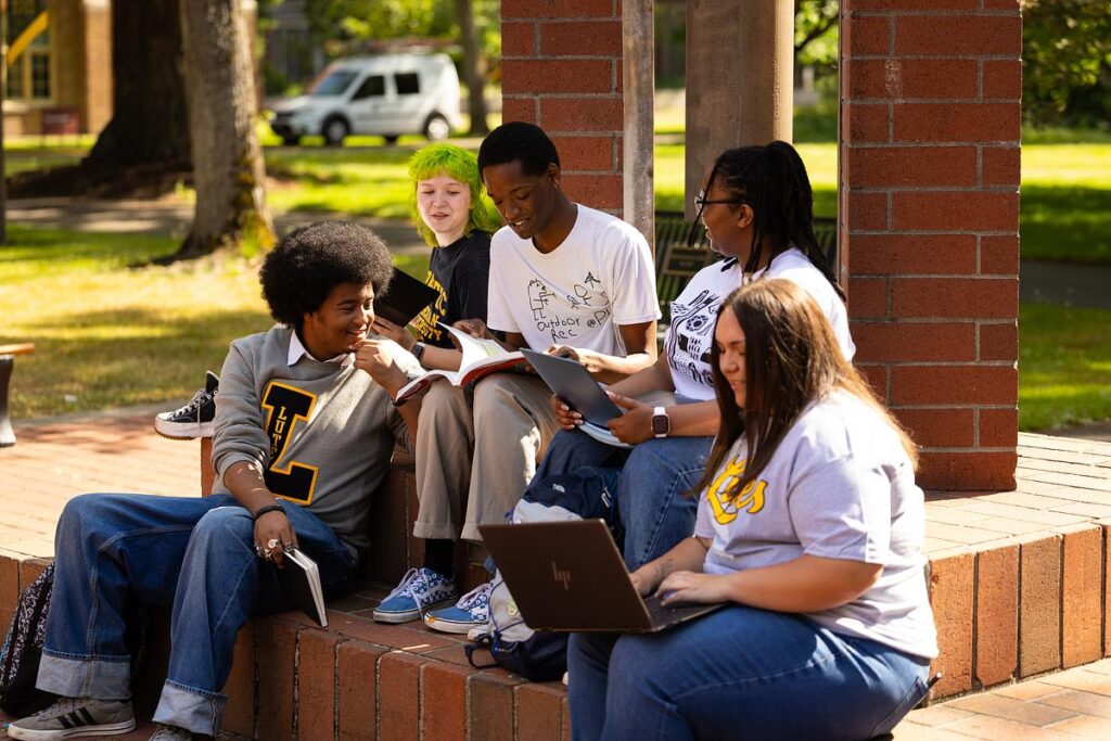 Students sitting outside looking at books and labtops