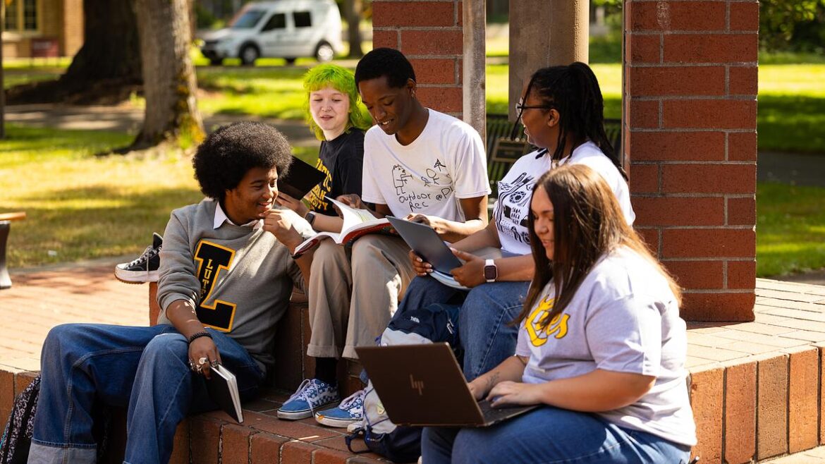 Students sitting outside looking at books and labtops