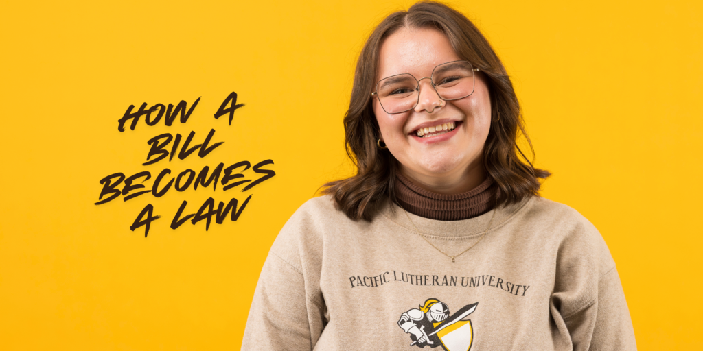 Student smiles in the background with text how a bill becomes a law