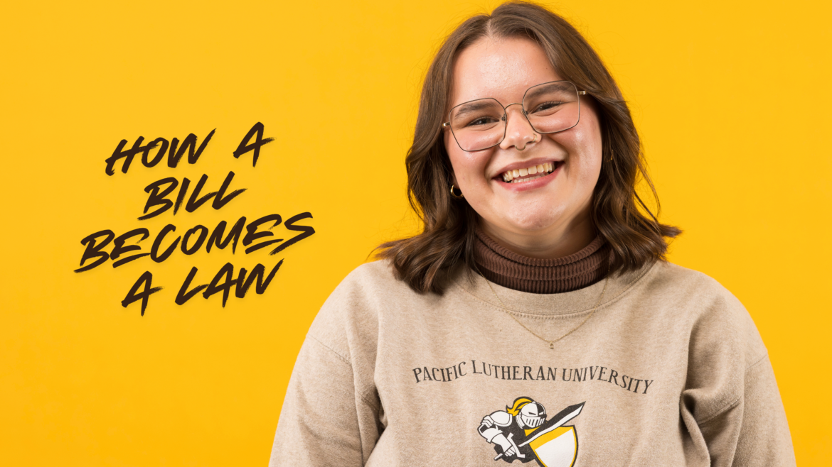 Student smiles in the background with text how a bill becomes a law