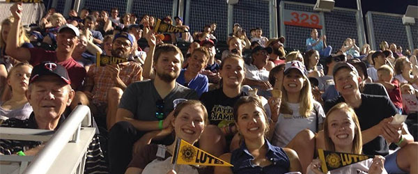 Minnesota PLU Alumni Chapter Twins Game group picture in the stands.