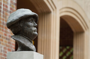 Bust sculpture of Luther outside of Karen Hille Phillips at Pacific Lutheran University.