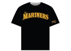 Black T-shirt which reads Mariners and has PLU logo on the sleeve