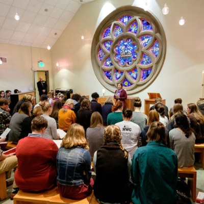 Image within the Ness Family chapel with Pastor Jen Rude