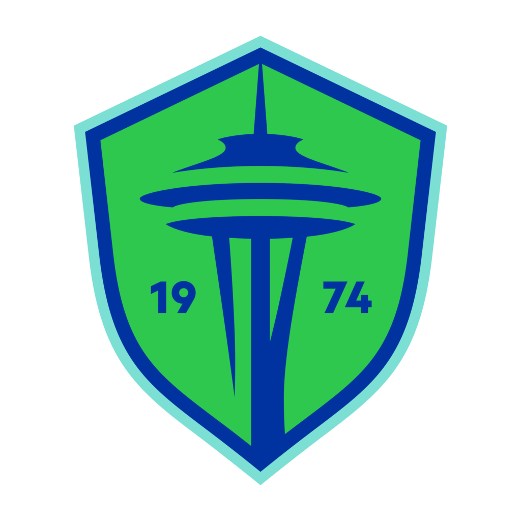 Sounders logo - green and blue, featuring space needle in the center