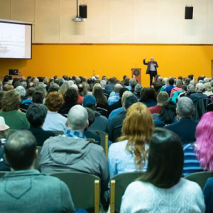 Guest presenter Rick Steves at PLU in Chris Knutzen Hall, Anderson University Center