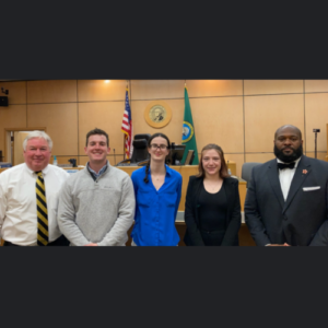 Image of students participating in a job shadow with alumni at the Washington state courthouse