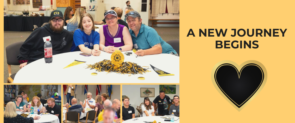 Photo collage with past photos from the Alumni Welcome Back Lunch at PLU in the Scandinavian Cultural Center. Text reads 'A New Journey Begins' with a black and gold heart graphic.