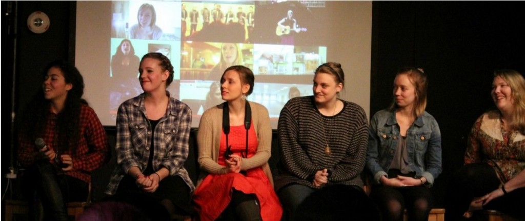 The cast and crew of Center for Media Studies student television show “Dear Emily” take the stage at the show’s kickoff party.