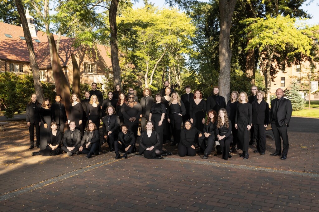 The Choir of the West poses for a group photo, Thursday, Sept. 21, 2023, at PLU. (PLU Photo / Sy Bean)