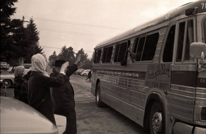Bystanders waving to the Choir of the West tour bus (1966)