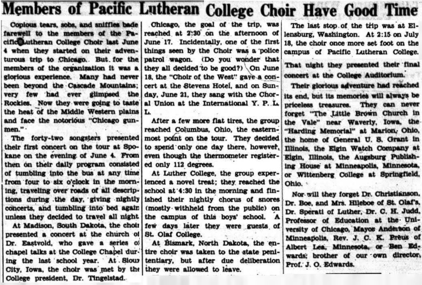 Members of PLC Choir Have Good Time - Mooring Mast 1931-10-14 "Members of PLC Choir Have Good Time" from the Mooring Mast 1931-10-14 describing the group's Midwest tour