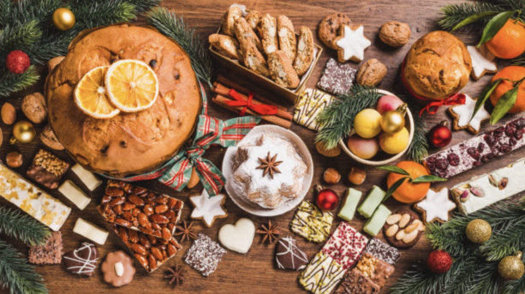 Holiday table set with sweets and nourishing food
